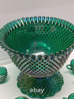 VTG Fenton Green Carnival Glass Ruffle Hobnail Punch Bowl Stand 12 Cups