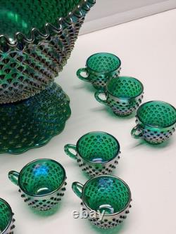 VTG Fenton Green Carnival Glass Ruffle Hobnail Punch Bowl Stand 12 Cups