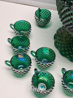 VTG Fenton Green Carnival Glass Ruffle Hobnail Punch Bowl Stand 12 Cups