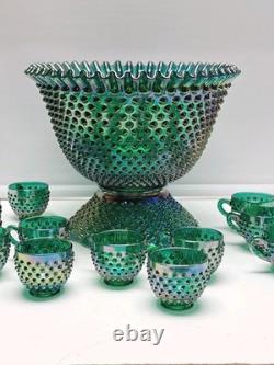 VTG Fenton Green Carnival Glass Ruffle Hobnail Punch Bowl Stand 12 Cups