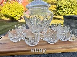 VTG German Hand Cut Pinwheel 24% Lead Crystal Lidded Punch Bowl Jar 7 Cups