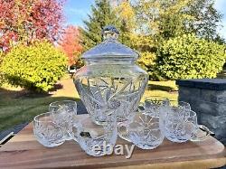 VTG German Hand Cut Pinwheel 24% Lead Crystal Lidded Punch Bowl Jar 7 Cups