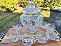 VTG German Hand Cut Pinwheel 24% Lead Crystal Lidded Punch Bowl Jar 7 Cups