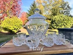 VTG German Hand Cut Pinwheel 24% Lead Crystal Lidded Punch Bowl Jar 7 Cups