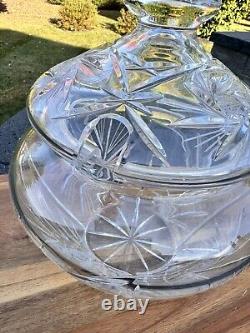 VTG German Hand Cut Pinwheel 24% Lead Crystal Lidded Punch Bowl Jar 7 Cups