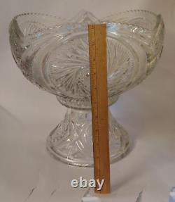 VTG Glass Punch Bowl Pedestal LE Smith American Brilliant Cut Aztec Pinwheel