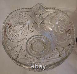 VTG Glass Punch Bowl Pedestal LE Smith American Brilliant Cut Aztec Pinwheel