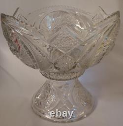 VTG Glass Punch Bowl Pedestal LE Smith American Brilliant Cut Aztec Pinwheel