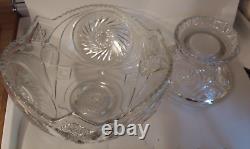 VTG Glass Punch Bowl Pedestal LE Smith American Brilliant Cut Aztec Pinwheel