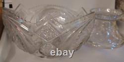 VTG Glass Punch Bowl Pedestal LE Smith American Brilliant Cut Aztec Pinwheel