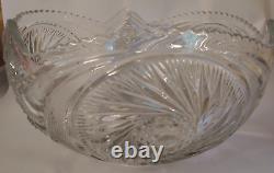 VTG Glass Punch Bowl Pedestal LE Smith American Brilliant Cut Aztec Pinwheel