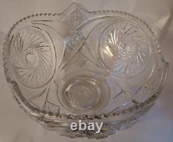 VTG Glass Punch Bowl Pedestal LE Smith American Brilliant Cut Aztec Pinwheel