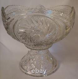 VTG Glass Punch Bowl Pedestal LE Smith American Brilliant Cut Aztec Pinwheel