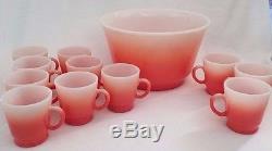 VTG Hazel Atlas Pink Flamingo Punch Bowl Set 11 Mugs Cups Coral White RARE