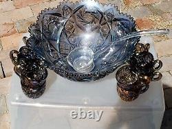 VTG Imperial Amethyst Peacock Carnival Glass Whirling Star Punch Bowl Set 14 PC