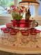 VTG Indiana Glass Kings Crown Ruby Red Scalloped Rim Punch Bowl With12 Cups