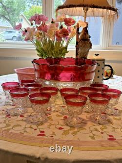 VTG Indiana Glass Kings Crown Ruby Red Scalloped Rim Punch Bowl With12 Cups