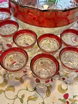VTG Indiana Glass Kings Crown Ruby Red Scalloped Rim Punch Bowl With12 Cups