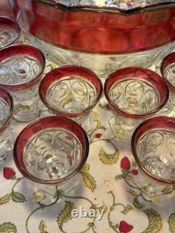 VTG Indiana Glass Kings Crown Ruby Red Scalloped Rim Punch Bowl With12 Cups