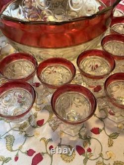 VTG Indiana Glass Kings Crown Ruby Red Scalloped Rim Punch Bowl With12 Cups