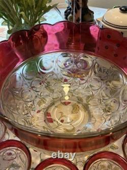 VTG Indiana Glass Kings Crown Ruby Red Scalloped Rim Punch Bowl With12 Cups