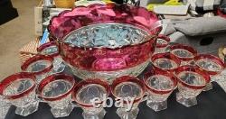 VTG Indiana Glass Kings Crown Ruby Red Scalloped Rim Punch Bowl With12 Cups/Ladle