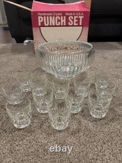 VTG L. E. LE Smith 76014-1 Crystal Glass Punch Bowl 14 Pc Set Original Box MCM