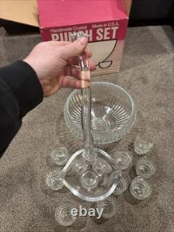 VTG L. E. LE Smith 76014-1 Crystal Glass Punch Bowl 14 Pc Set Original Box MCM
