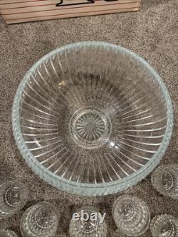 VTG L. E. LE Smith 76014-1 Crystal Glass Punch Bowl 14 Pc Set Original Box MCM