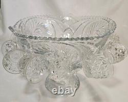 VTG LE Smith Aztec Glass Punch Bowl With Pedestal And 8 Cups, Ladle, Cup Hangers