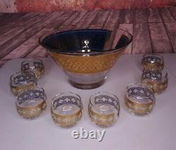 VTG MCM 60s CULVER PUNCH BOWL SET With 8 ROLY POLY GLASSES Gold Turquoise Regency