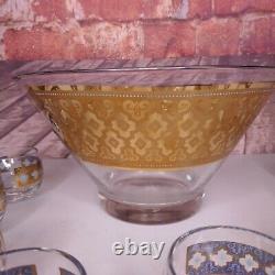 VTG MCM 60s CULVER PUNCH BOWL SET With 8 ROLY POLY GLASSES Gold Turquoise Regency