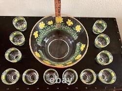 VTG MCM Culver Punch Bowl & 12 Glasses Set White Picket Fence Yellow Flowers