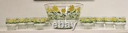 VTG MCM Culver Punch Bowl & 12 Glasses Set White Picket Fence Yellow Flowers