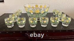 VTG MCM Culver Punch Bowl & 12 Glasses Set White Picket Fence Yellow Flowers