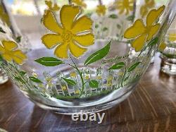 VTG MCM Culver Punch Bowl & 12 Glasses Set White Picket Fence Yellow Flowers