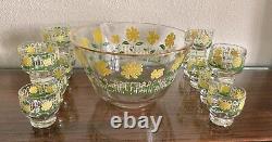 VTG MCM Culver Punch Bowl & 12 Glasses Set White Picket Fence Yellow Flowers