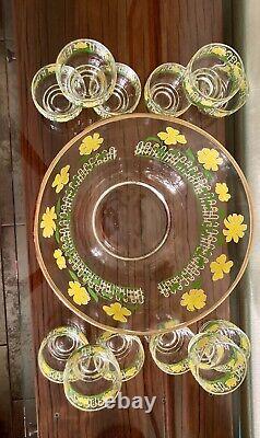 VTG MCM Culver Punch Bowl & 12 Glasses Set White Picket Fence Yellow Flowers