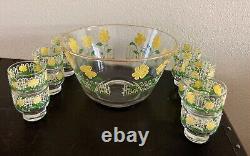 VTG MCM Culver Punch Bowl & 12 Glasses Set White Picket Fence Yellow Flowers