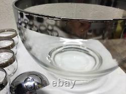 VTG MCM Dorothy Thorpe Silver Band Punch Bowl 20 Roly Poly Cups Ladle