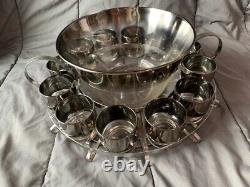 VTG MCM Dorothy Thorpe Silver Ombré Punch Bowl 12 Roly-poly Glasses Caddy Set