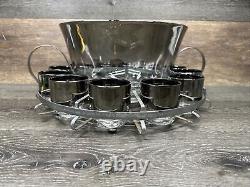 VTG MCM Dorothy Thorpe Silver Ombré Punch Bowl 12 Roly-poly Glasses Caddy Set