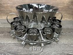 VTG MCM Dorothy Thorpe Silver Ombré Punch Bowl 12 Roly-poly Glasses Caddy Set