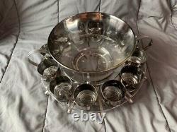 VTG MCM Dorothy Thorpe Silver Ombré Punch Bowl 12 Roly-poly Glasses Caddy Set