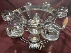 VTG MCM Dorothy Thorpe Wood Chrome& Fade Silver Glass Roly-Poly Punch Bowl WOW