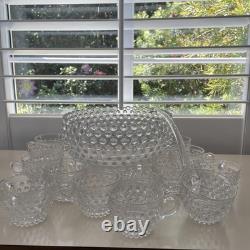 VTG MCM Duncan Miller Clear Bubble Glass Hobnail Punch Bowl Ladle 12 Cups EUC