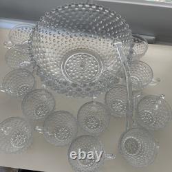 VTG MCM Duncan Miller Clear Bubble Glass Hobnail Punch Bowl Ladle 12 Cups EUC