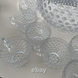 VTG MCM Duncan Miller Clear Bubble Glass Hobnail Punch Bowl Ladle 12 Cups EUC
