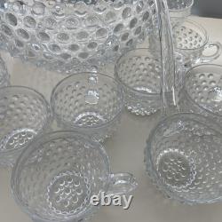 VTG MCM Duncan Miller Clear Bubble Glass Hobnail Punch Bowl Ladle 12 Cups EUC