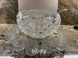 VTG Mid Century L E Smith Daisy & Button Saw Edge Glass Punch Bowl Set 12 Cups